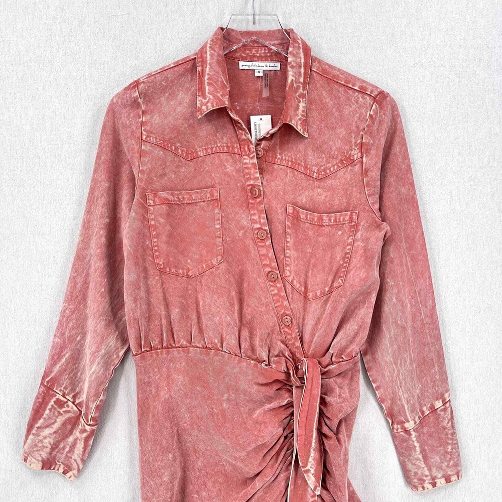 YOUNG FABULOUS BROKE Midi Dress Women Small Pink Acid Wash Ruched Western Shirt - Picture 5 of 16